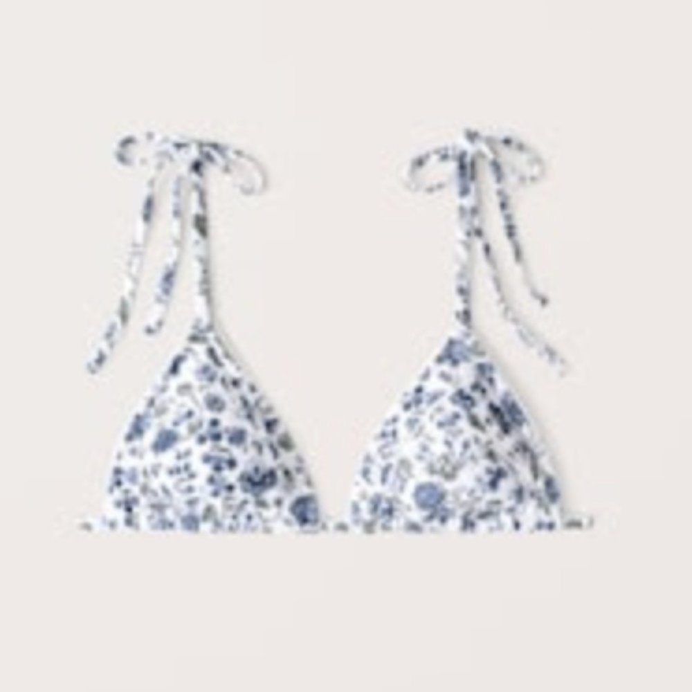 White and Navy Flower Shoulder-Tie Triangle Bikini Top